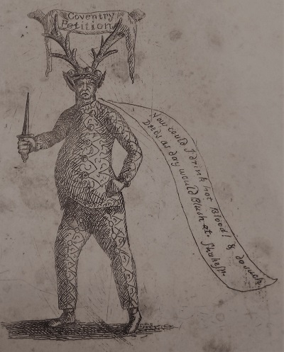 A political cartoon of an antlered figure with a banner labelled Coventry Petition across the antlers