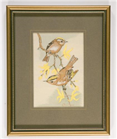 Silk picture, Gold Crest. This is a woven silk picture in its original frame. It was woven by J and J Cash Ltd in the 1970s or early 1980s.