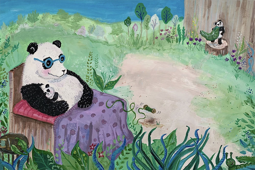 An illustration by Jessica Hartshorn featuring a spectacled panda bear tucked under a blanket on a wooden bed in an outdoor clearing.