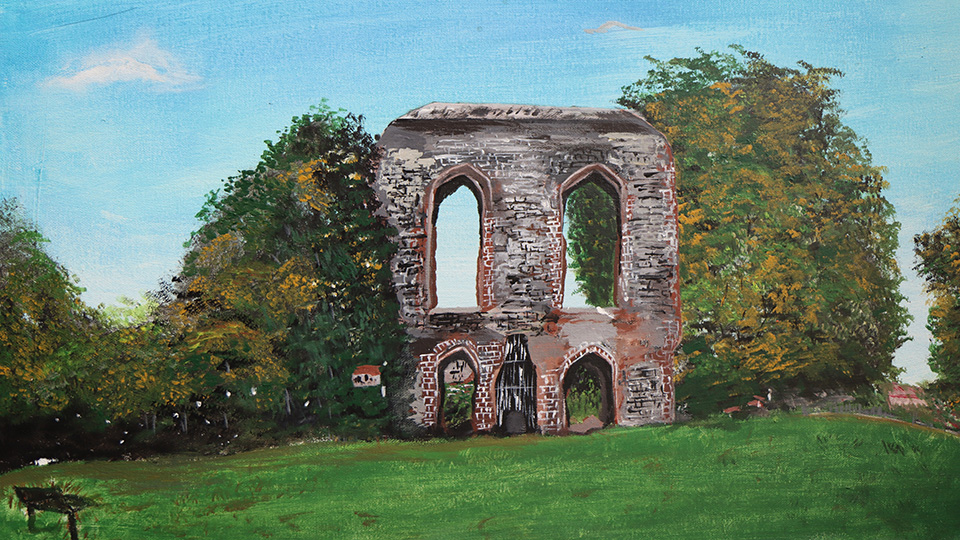 A painting of the ruined wall of Caludon Castle