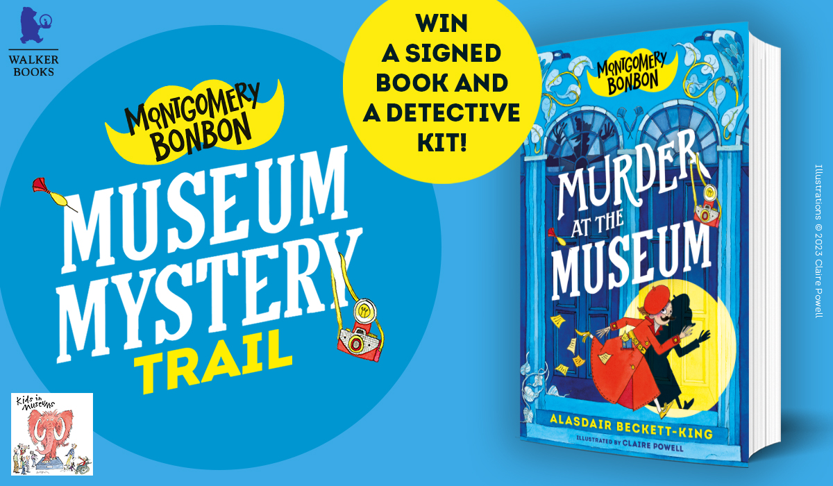 A promotional graphic for the Montgomery Bonbon: Museum Mystery Trail featuring an image of the book Montgomery Bonbon: Murder at the Museum 