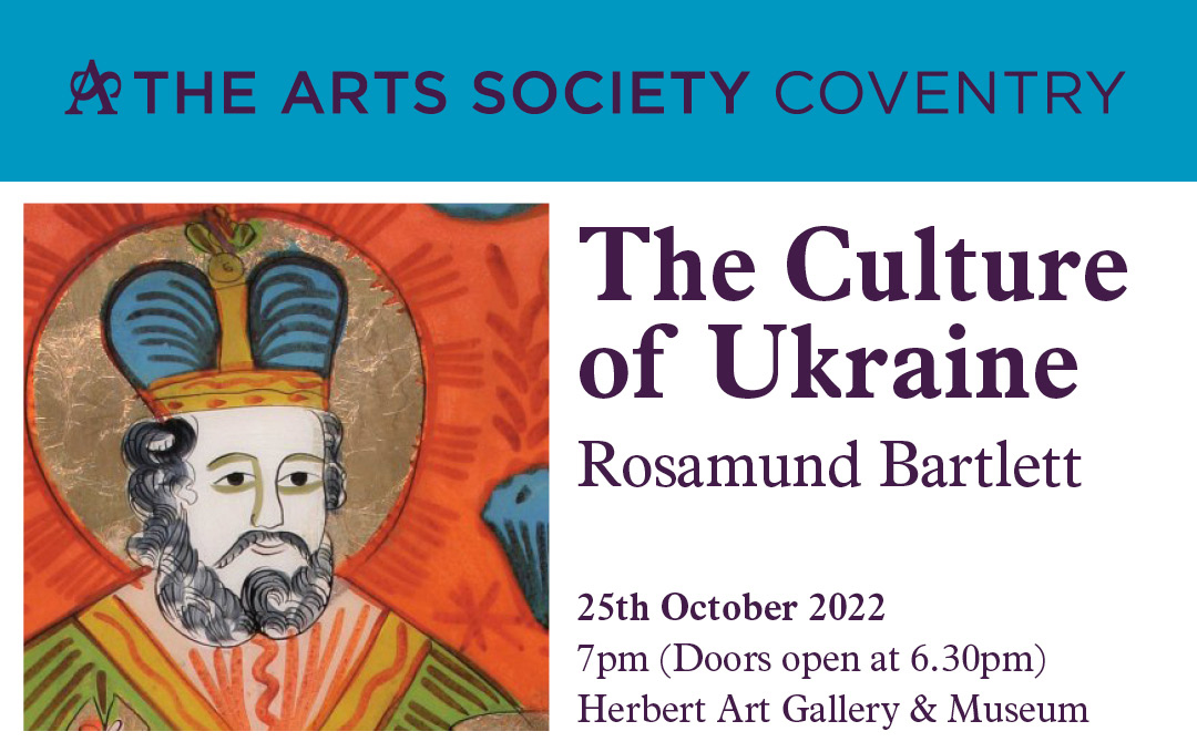 An image of an old Ukrainian artwork alongside text with details of the date and time of the event and The Arts Society Coventry logo