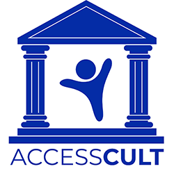 Museum icon with Access Cult written in blue