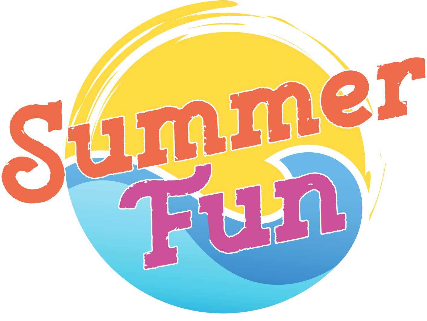 Summer Fun logo featuring a blue swirling wave beneath a yellow sky and text in orange and pink
