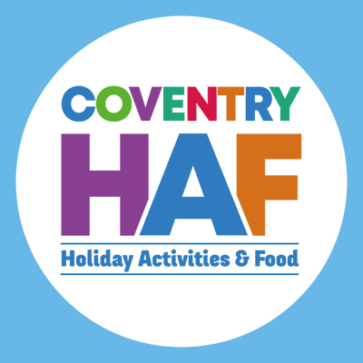 Coventry HAF (Holiday Activities & Food) Logo with multicoloured text in a white circle on a blue background