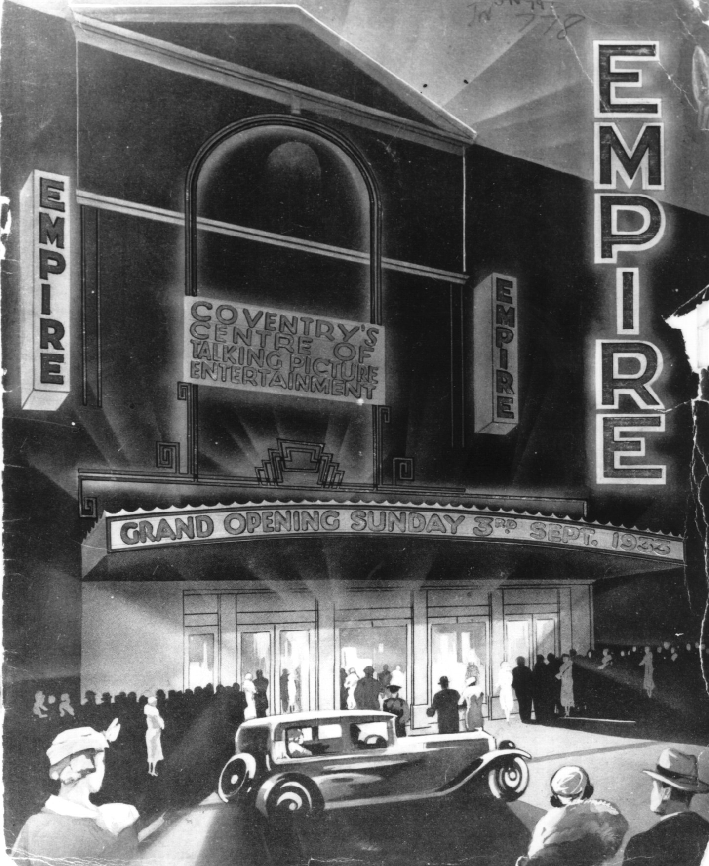 A poster celebrating the grand opening of the Empire on 3 September 1933, with a drawn design featuring glamorously dressed people arriving outside the building, and a car pulling up in front.