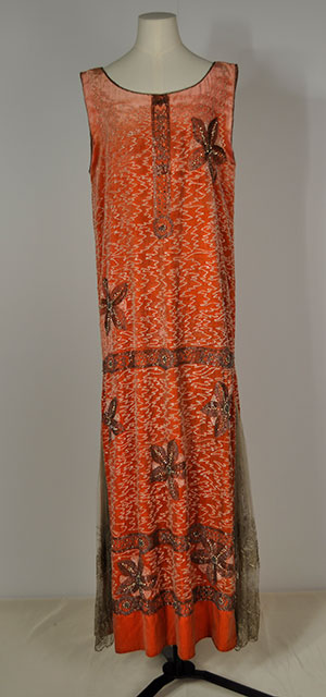 1920s orange flapper dress with beaded flower designs