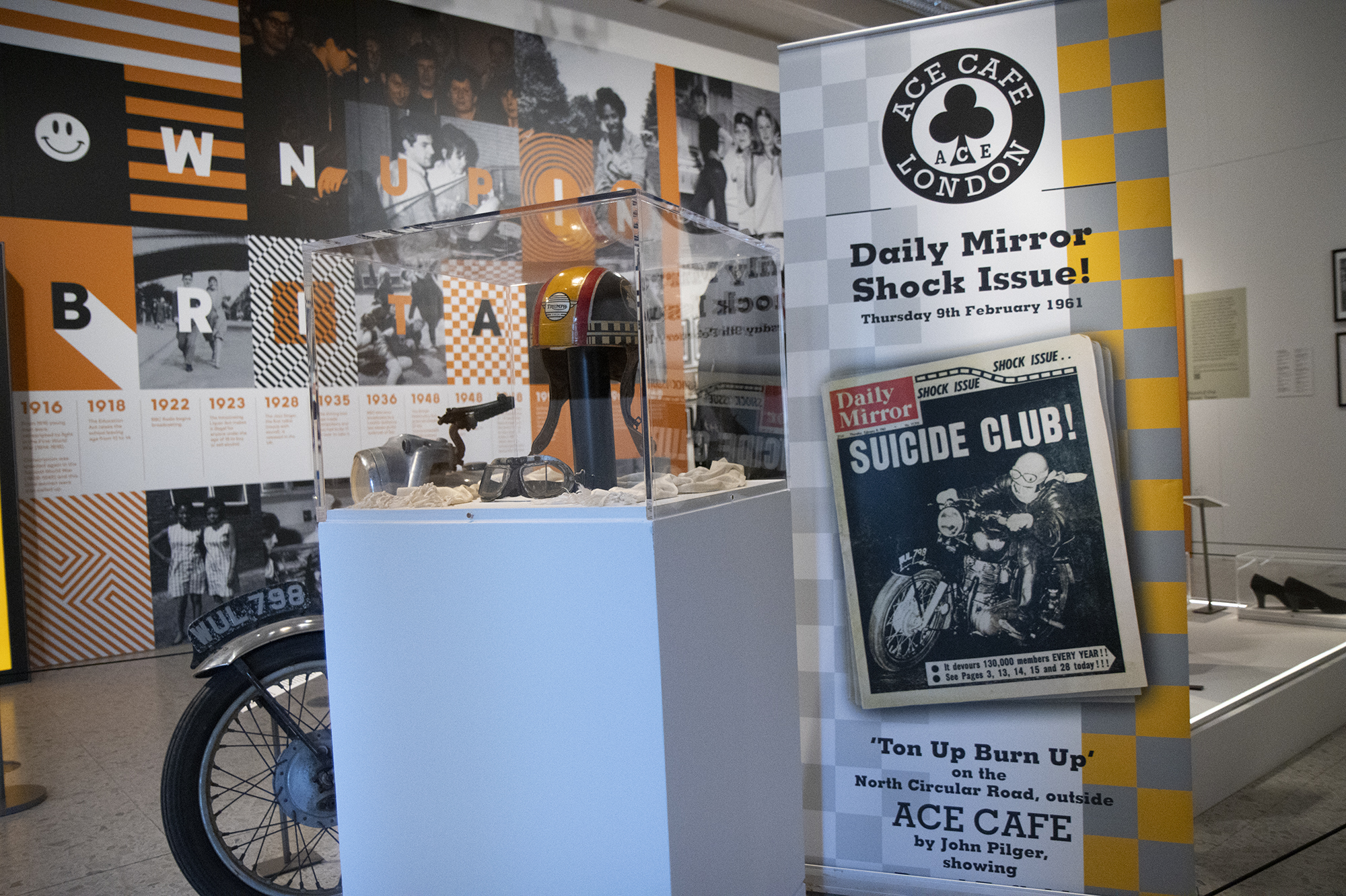 Pop up banner on display in Grown Up in Britain featuring a shock Daily Mail cover about the Ace Cafe from 1961 