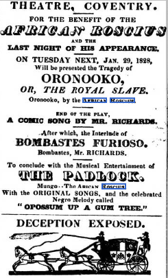 A scan of an advertisement for the performance of Oronooko, or the Royal Slave, iin Coventry, taking place on 29 January 1828