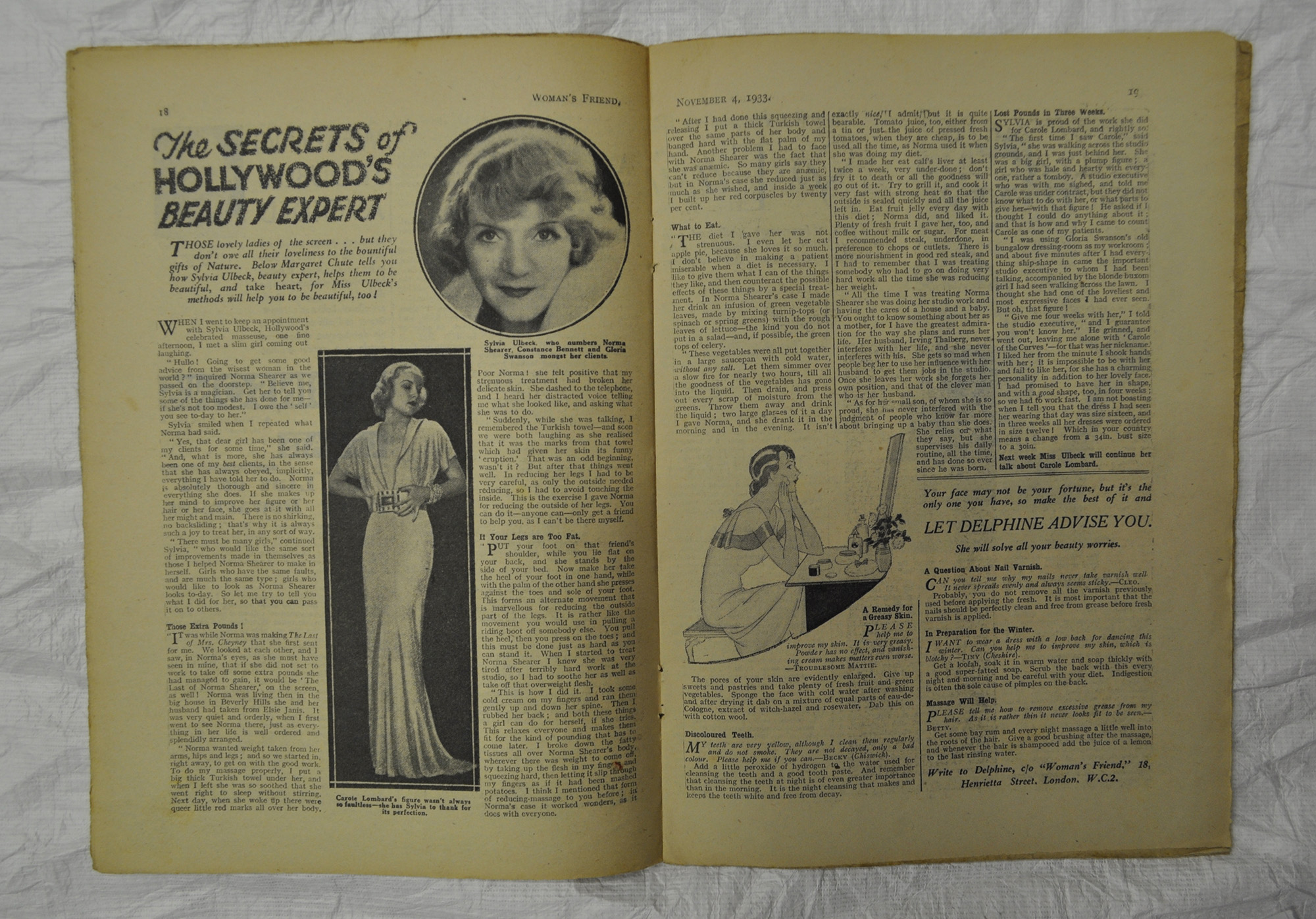 A double page magazine spread from the 1930s titled, "The Secrets of Hollywood's Beauty Expert", with images of popular stars from the time