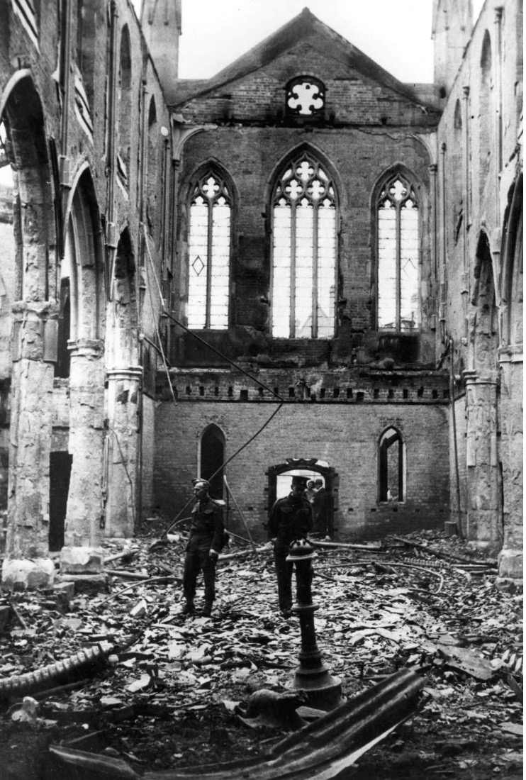 A black and white photograph of the ruined interior of Christchurch after the April 1941 bombing