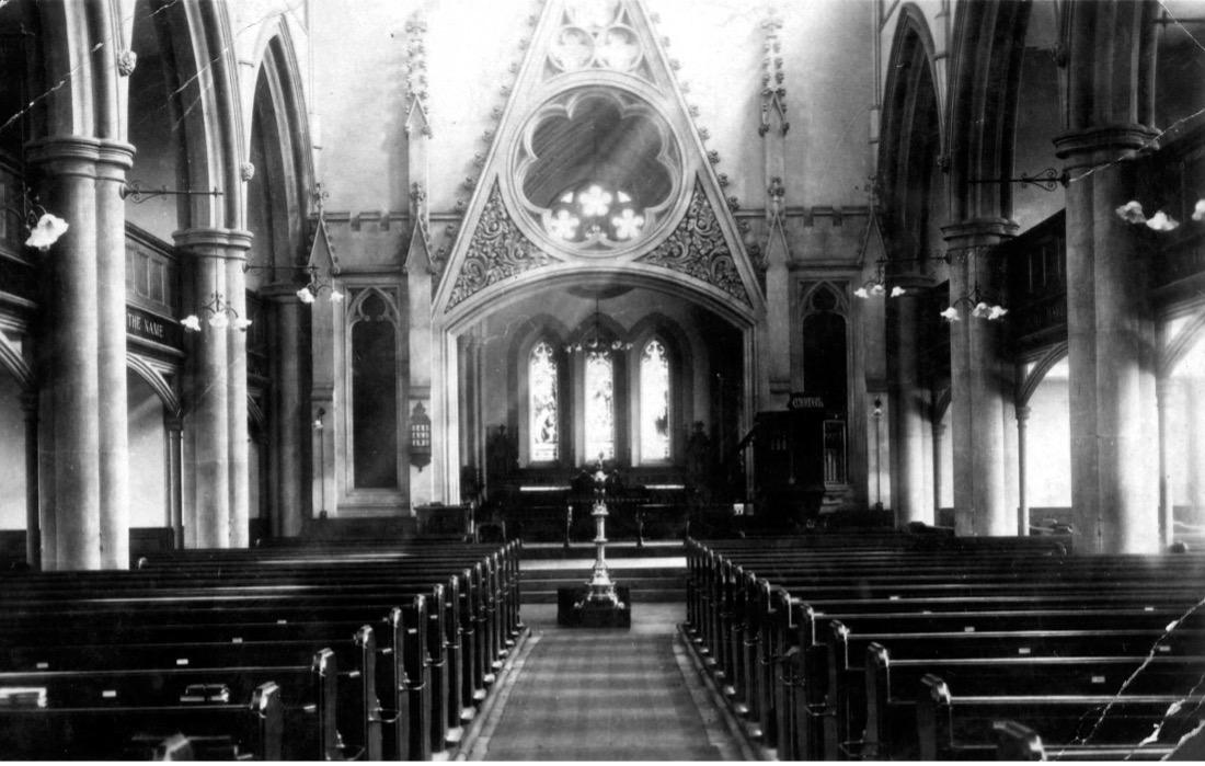 A black and white photo of the interior of Christchurch, looking east, before bombing destroyed the nave