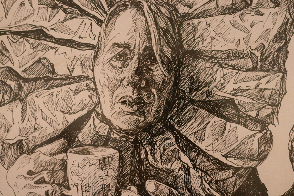 Detail from Gabrielle Roberts-Dalton's ‘The Conversation’ - a sketch in pen showing a woman holding a mug. Her face is surrounded by a huge ruff and her expression is confused or uncomfortable.