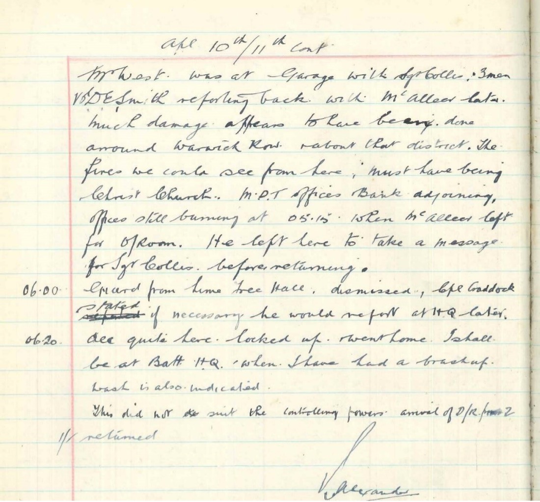 6.	Detail from the logbook of 12th Battalion 'A' Company, [Home Guard] based at Tile Hill: “the fires we could see from here must have (been) Christchurch.”