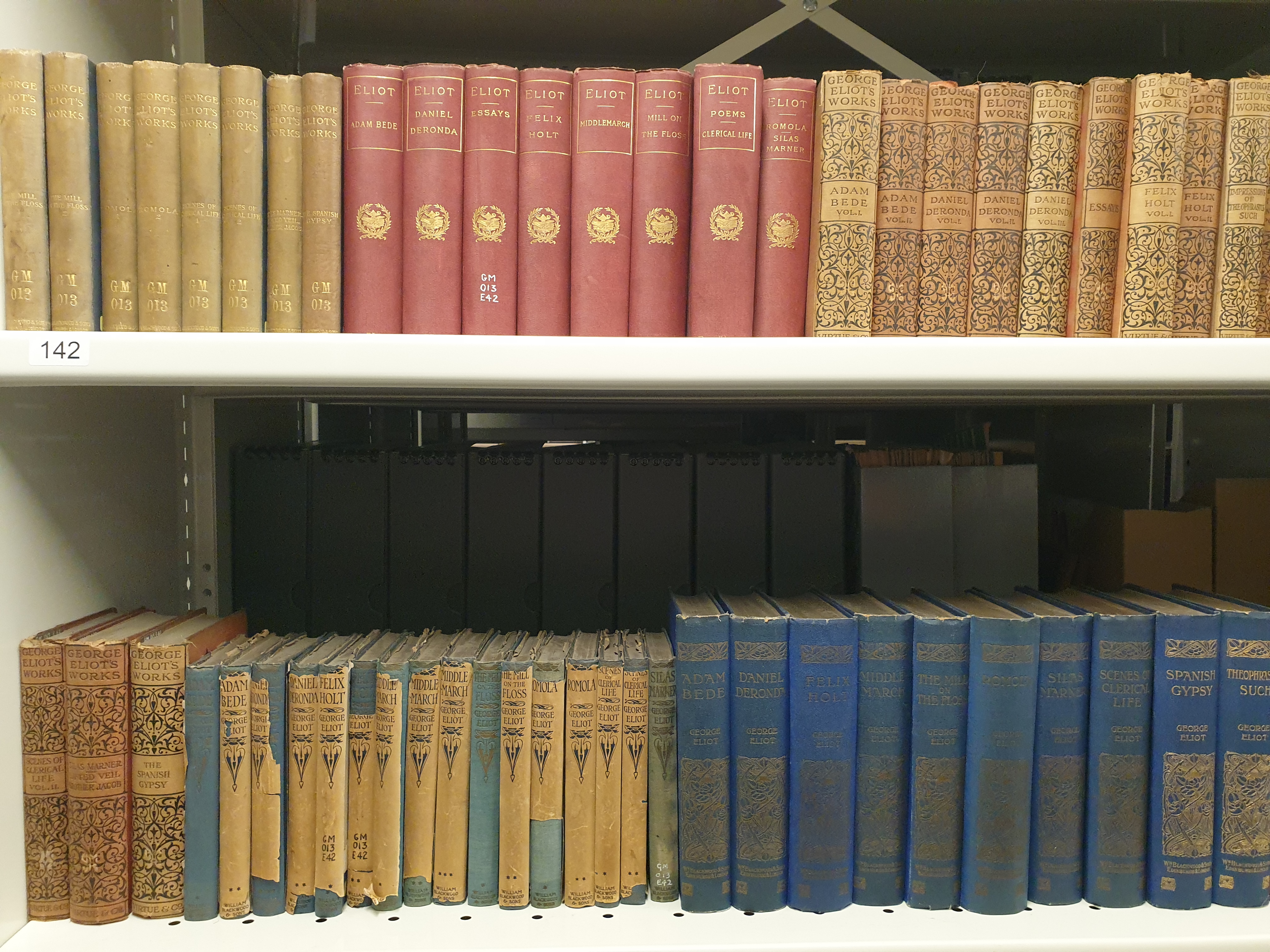Bookshelves filled with rows of beautifully bound first edition George Eliot novels