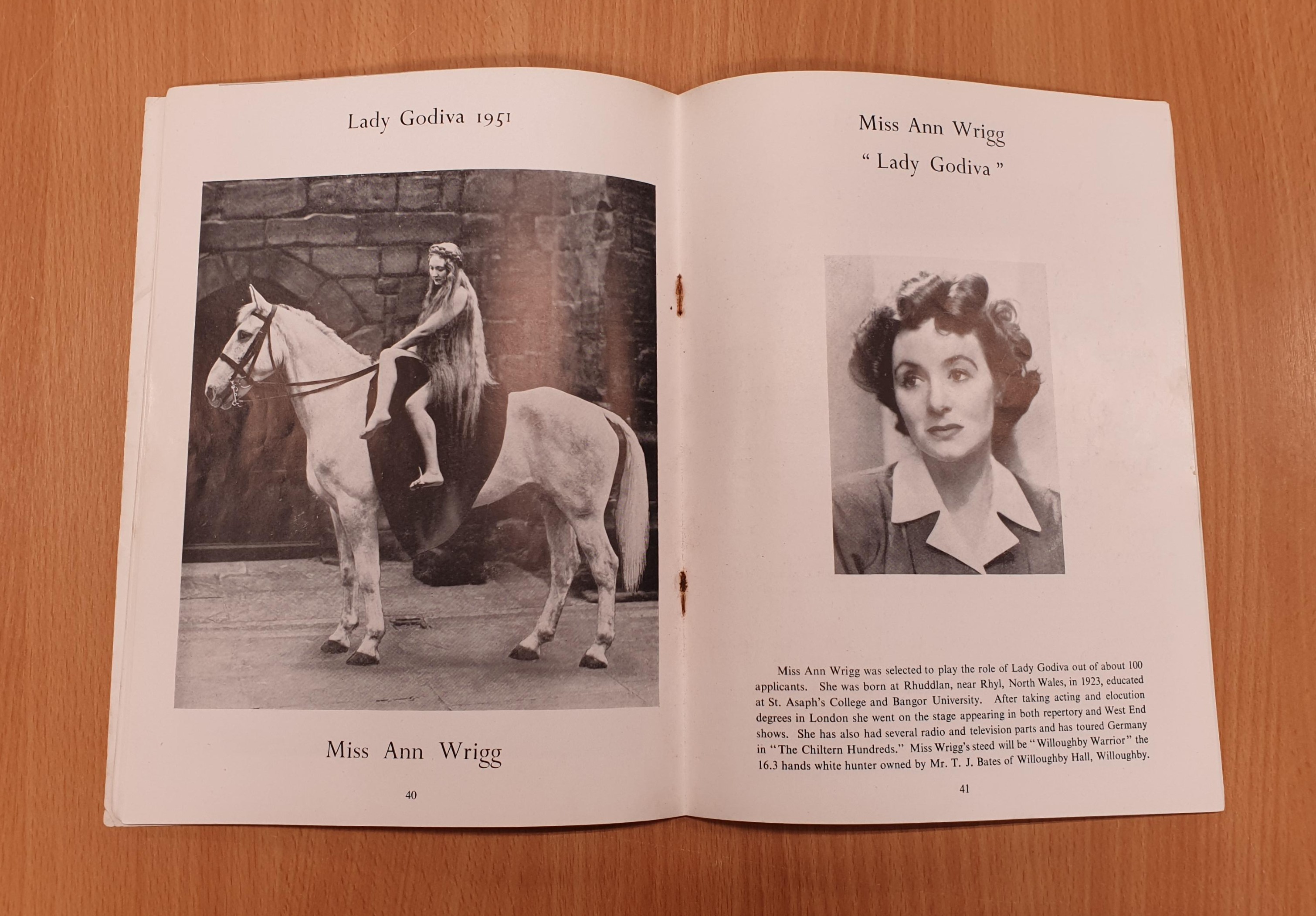 Open programme for the Festival of Britain Lady Godiva procession showing a headshot of Ann Wrigg on the right and a photo of her dressed as Lady Godiva riding a horse on the left.