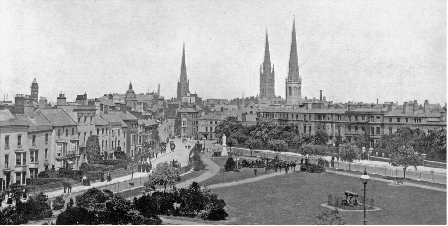 A black and white photograph of Greyfriars Green showing all three spires