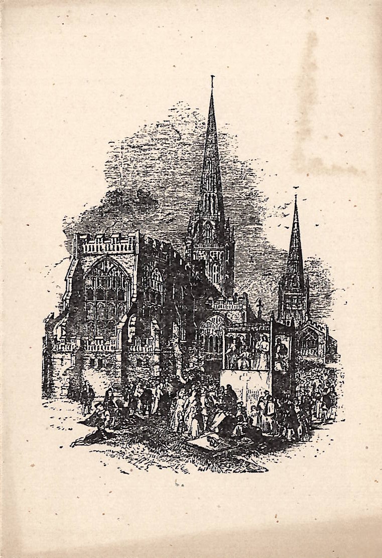 The first card referenced in the text, featuring a crowd gathered outside Coventry Cathedral