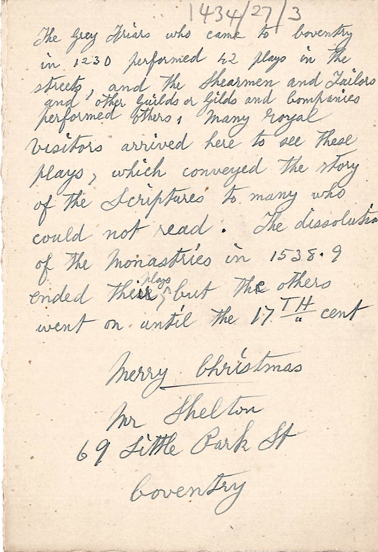 Mr Shelton's handwritten note about the first card referenced in the text