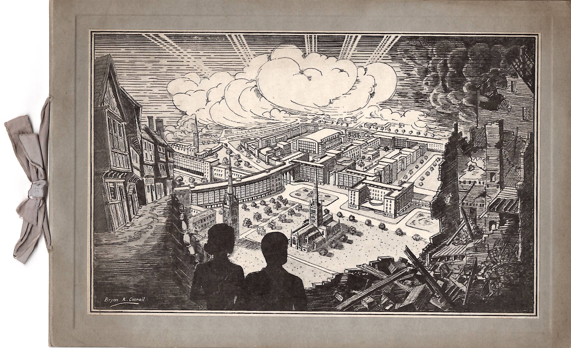 The second card referenced in the text, with a black and white sketch of two silhouetted figures looking down on a reimagined, rebuilt Coventry city centre, from the bombed ruins of the wartime city. The card is tied on one side with ribbon.