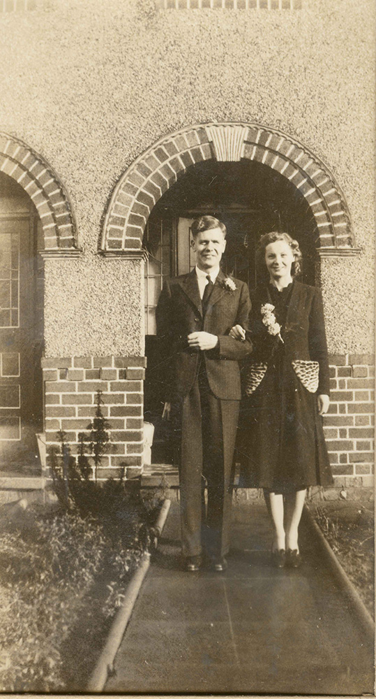 A photo of Nora when she married Harry Paul in December 1940 in Coventry, wearing her coat with ocelot fur pockets.