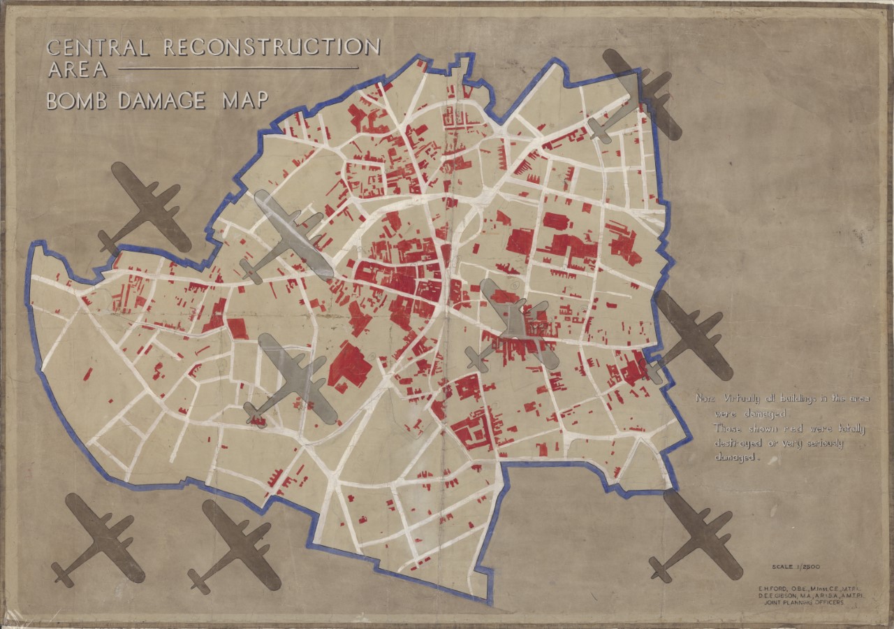 A map of Coventry with areas marked in red indicating places that were damaged by bombs during the Blitz. There are shadows of fighter planes around the edges of the map. Text in the top left corner reads, "Central Reconstruction Area | Bomb Damage Map"