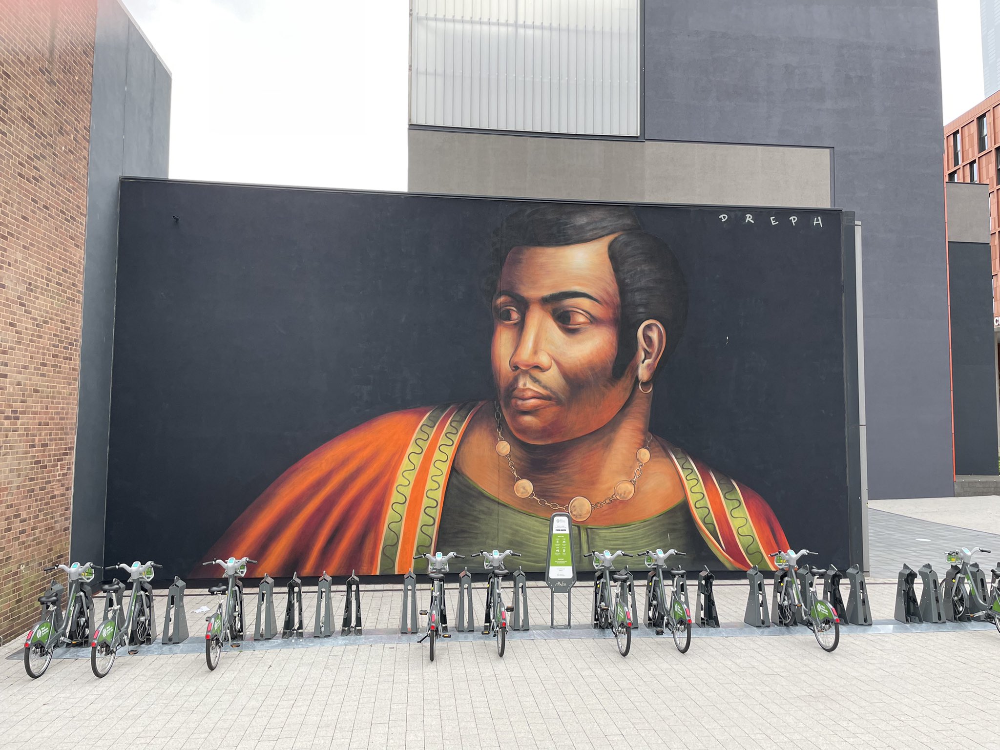 A photo of the Ira Aldridge mural by street artist Dreph on the side of the Belgrade Theatre