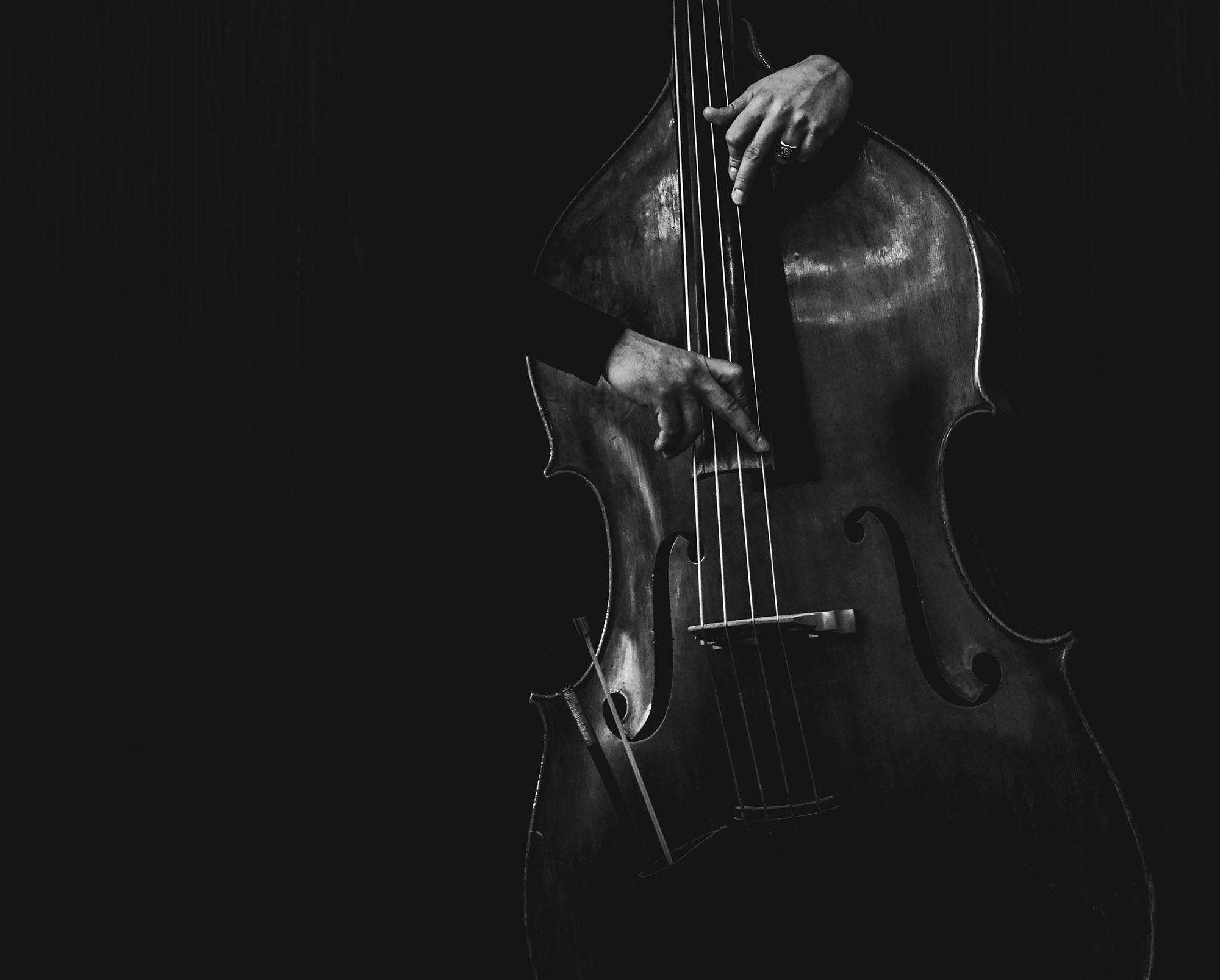 A black and white photo of a pair of hands playing a double bass