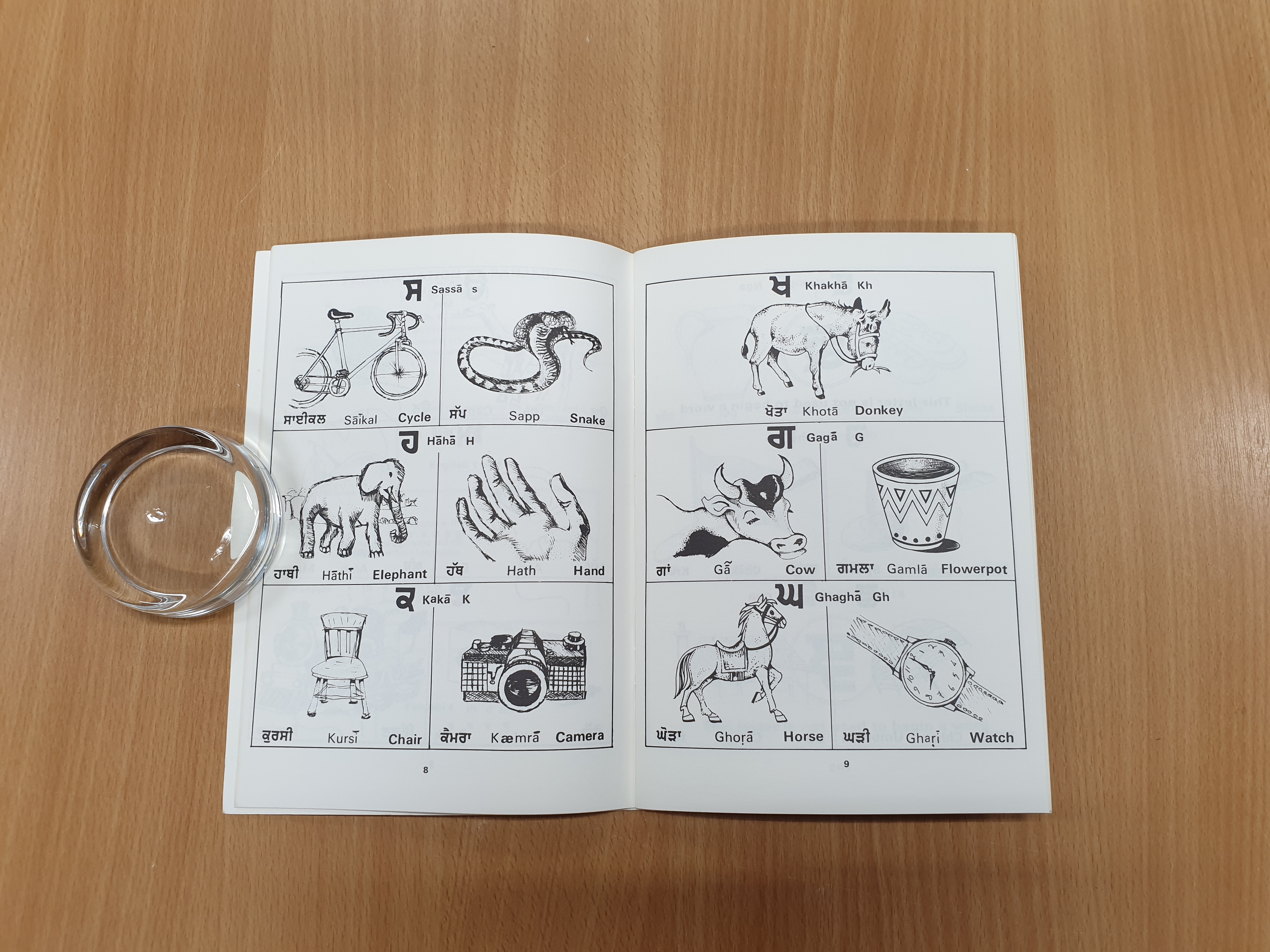 A pamphlet for learning Panjabi with pictures of different animals and objects, their names in English and Panjabi and pronunciation guides. Featured words and images include: bicycle, snake, elephant, hand, chair, camera,  donkey, cow, flowerpot, horse and watch.