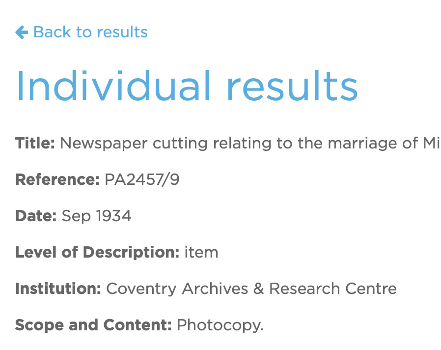 A screenshot of an entry from the online collections catalogue, featuring the reference number