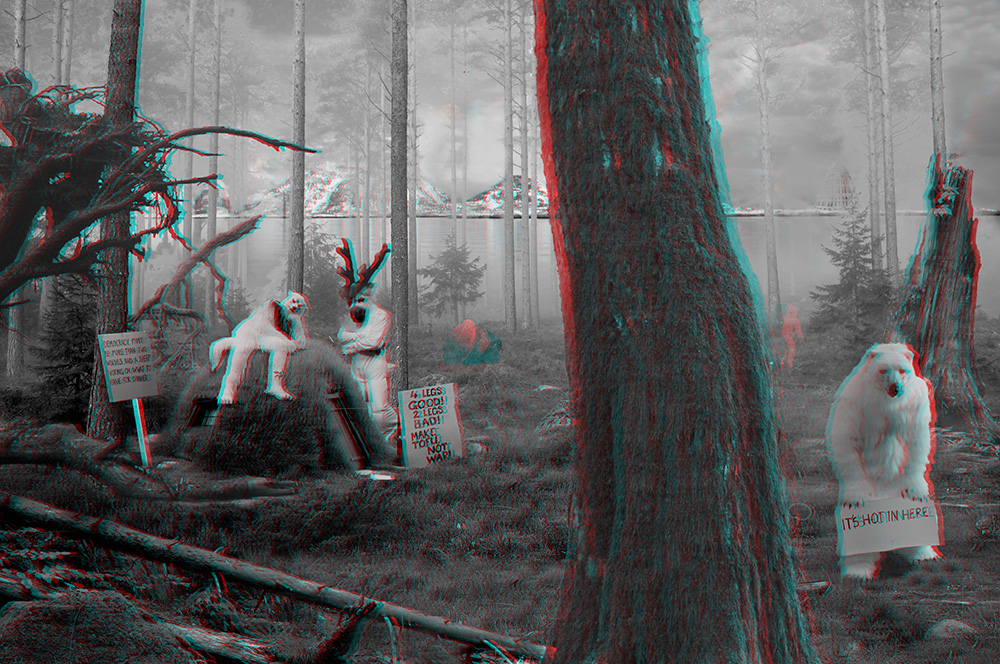Goshka Macuga's Make Tofu Not War (2018) - a 3D image of a forest with people dressed a bear, a deer and a wolf carrying protest placards