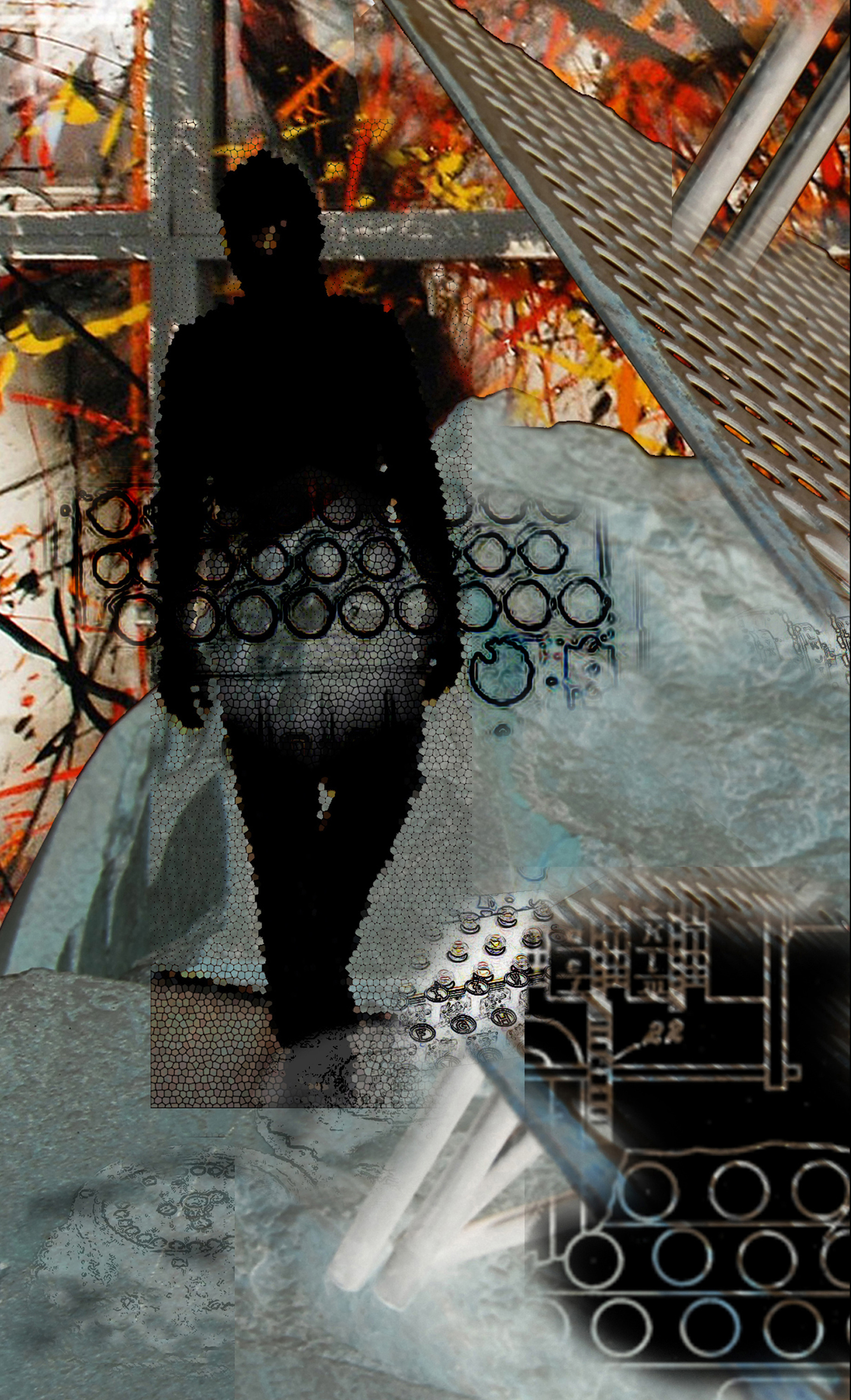 A mixed media artwork showing a silhouetted figure standing in front of a window with fire behind it and metal structures in the foreground.