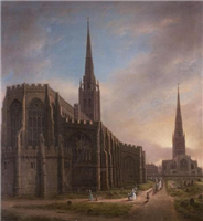 St Michael’s (in foreground) and Holy Trinity in the year Mary Ann left Coventry. Oil painting by David Gee, 1849
